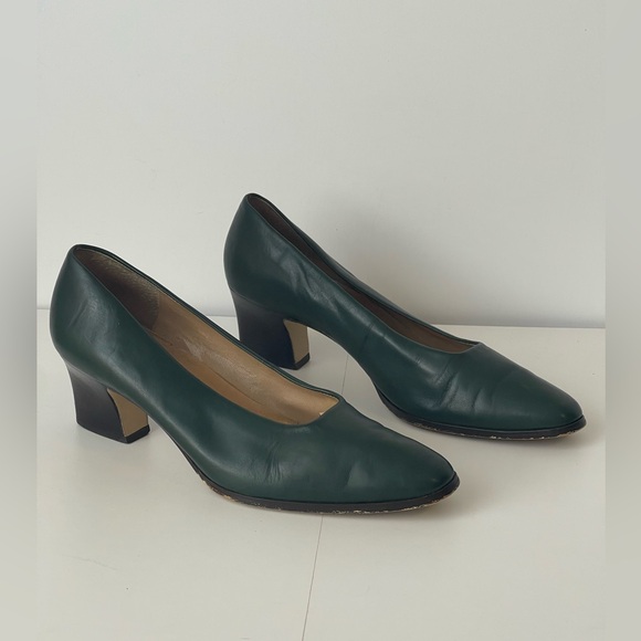 Calico Shoes - Forest Green Leather Vintage Pumps Vintage Shoes 9M